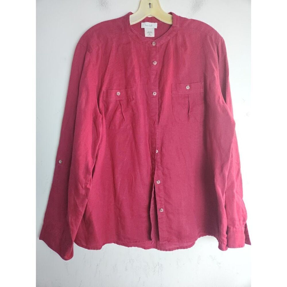 Kate Hill Women Red Band Collar 100% Linen Long Sleeve Button Down Blouse sz XL